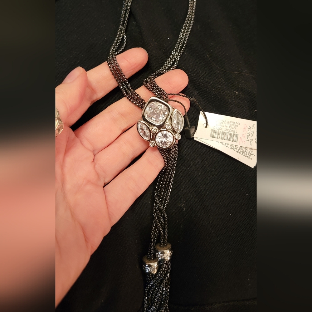 Gunmetal CZ Crystal Cluster Bolo Necklace, Multi-Strand Chain Statement Pendant